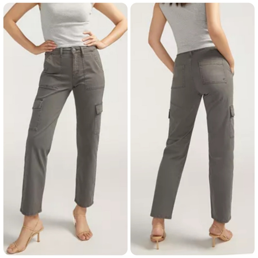 Silver Jeans Co Suki Cargo Straight Pants 14W Gray Twill Utility Mid Rise Grunge